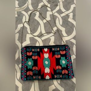 STEVEN Beaded Aztec Front Blue Pink Clutch Zip Purse